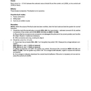 May include: A page from a manual detailing electrical system diagnostics. The text includes an error code, cause, effects, possible fault modes, and remedies for a tractor's clutch solenoid valve. The document is black and white.