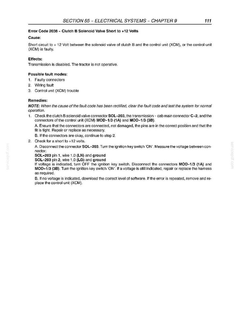 May include: A page from a manual detailing electrical system diagnostics. The text includes an error code, cause, effects, possible fault modes, and remedies for a tractor's clutch solenoid valve. The document is black and white.