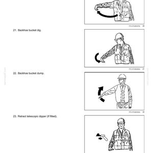 Op de afbeelding: Zwart-wit illustraties uit een veiligheidshandboek. De afbeeldingen tonen handsignalen voor het bedienen van een graafmachine, waaronder "Backhoe dipper out", "Backhoe bucket dig", "Backhoe bucket dump" en "Retract telescopic dipper".