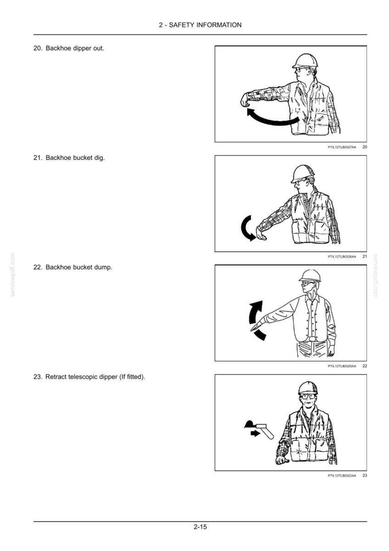 Op de afbeelding: Zwart-wit illustraties uit een veiligheidshandboek. De afbeeldingen tonen handsignalen voor het bedienen van een graafmachine, waaronder "Backhoe dipper out", "Backhoe bucket dig", "Backhoe bucket dump" en "Retract telescopic dipper".