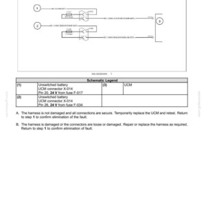 May include: Diagram of electrical system fault codes. The schematic includes numbered components, wiring, and text labels. The legend provides details for the UCM connector and battery connections. Instructions for troubleshooting are also included.