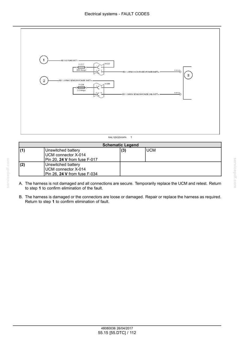 May include: Diagram of electrical system fault codes. The schematic includes numbered components, wiring, and text labels. The legend provides details for the UCM connector and battery connections. Instructions for troubleshooting are also included.