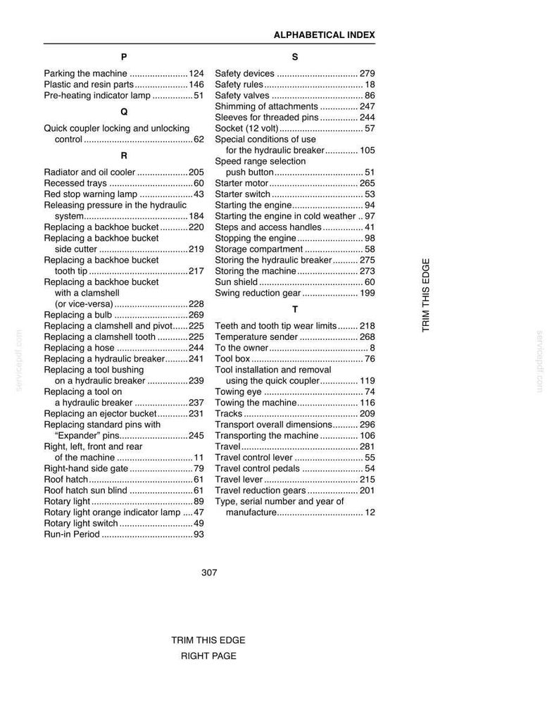 May include: A page from an alphabetical index, likely from a manual. The text includes terms like "Safety devices," "Starter motor," and "Hydraulic breaker." The page is white with black text.