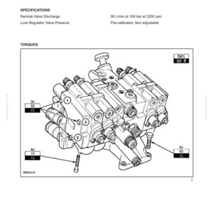 May include: Technical diagram of a hydraulic system component, featuring detailed schematics and torque specifications. Includes measurements in Nm and lbf.ft, with annotations for bolts and valves. The diagram is labeled with section and chapter information.