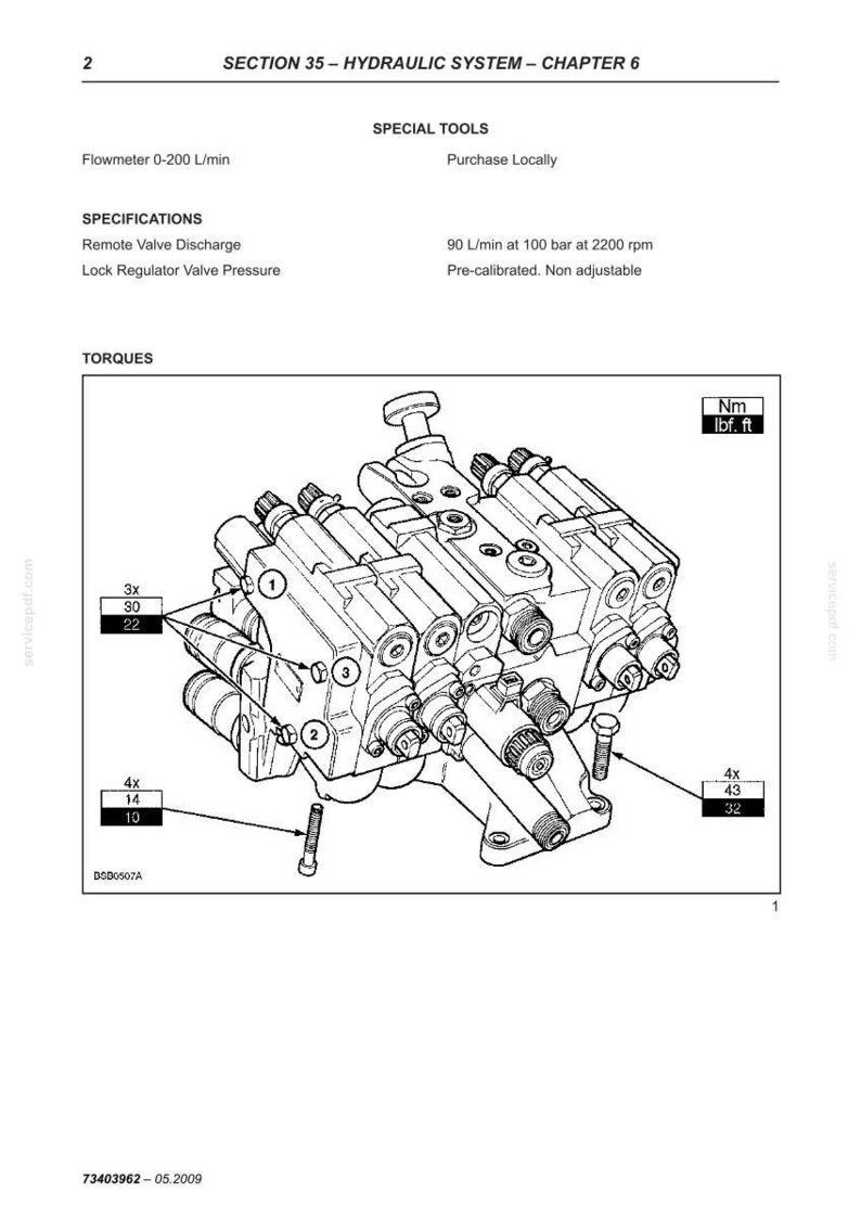 May include: Technical diagram of a hydraulic system component, featuring detailed schematics and torque specifications. Includes measurements in Nm and lbf.ft, with annotations for bolts and valves. The diagram is labeled with section and chapter information.