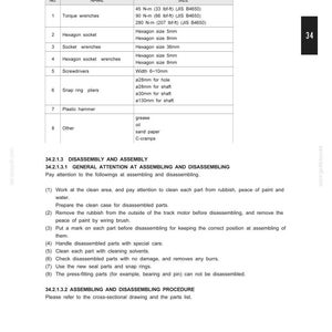 May include: A detailed technical diagram with a table listing tools for maintenance, including torque wrenches, hexagon sockets, and screwdrivers. Measurements are provided in both Newton-meters and pound-feet. The document also includes instructions for disassembly and assembly.