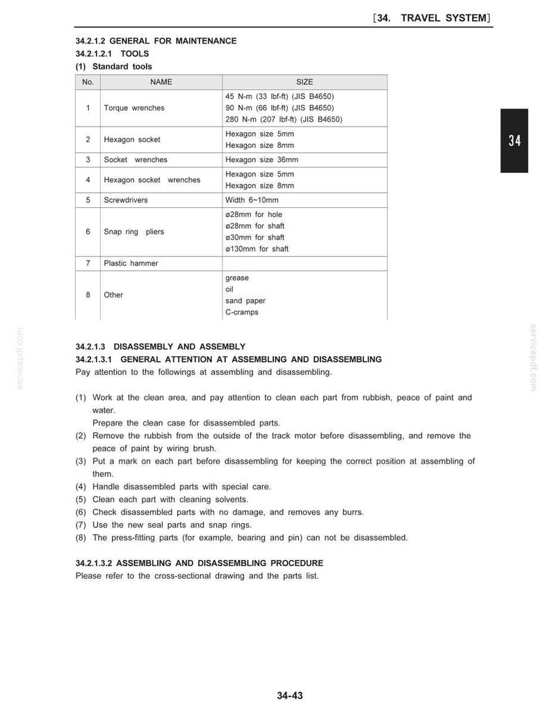 May include: A detailed technical diagram with a table listing tools for maintenance, including torque wrenches, hexagon sockets, and screwdrivers. Measurements are provided in both Newton-meters and pound-feet. The document also includes instructions for disassembly and assembly.
