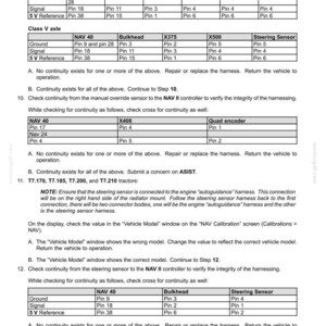 May include: A technical document with tables detailing electrical system fault codes. The document includes pin configurations for various components like NAV 40, Bulkhead, and Steering Sensor, with references to tractor models.