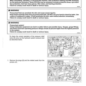 May include: Diagram of a hydraulic system pressure test procedure. The image includes warnings about safety, and instructions to remove plugs and seals from the pumps unit. The text includes measurements in inches.