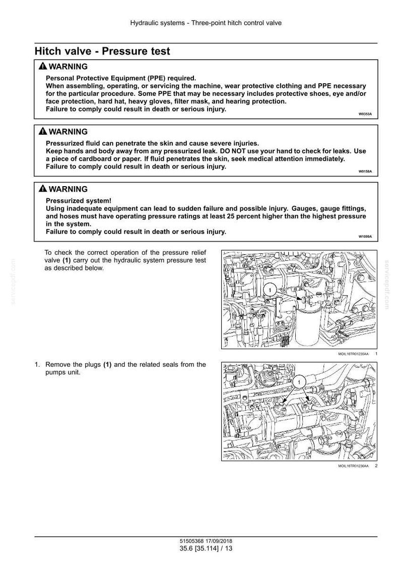 May include: Diagram of a hydraulic system pressure test procedure. The image includes warnings about safety, and instructions to remove plugs and seals from the pumps unit. The text includes measurements in inches.