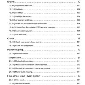 May include: A printed page with the title "Contents" at the top. The page lists various automotive components, including the engine, clutch, transmission, and four-wheel drive system, with corresponding page numbers.