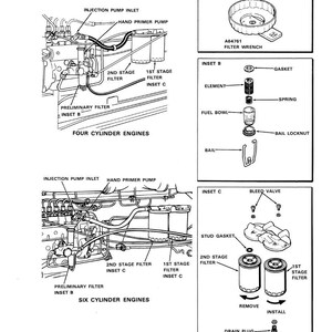 Puede incluir: Diagrama t&eacute;cnico de componentes del motor, incluyendo filtros, entradas y una bomba de cebado manual. La imagen est&aacute; etiquetada con texto como "2nd Stage Filter" y "1st Stage Filter". El diagrama tambi&eacute;n incluye una llave de filtro y otras piezas.