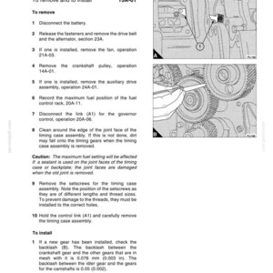 May include: A manual page detailing the "Timing Case and Drive Assembly 15A-03." The text provides instructions for removing and installing a timing case, with diagrams of engine components and procedures. The manual includes warnings and detailed steps.