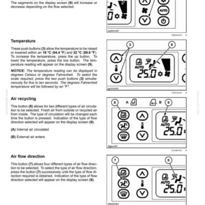 May include: Diagram of a vehicle's climate control system, including buttons for ventilation, temperature, air recycling, and air flow direction. The display shows temperature in Celsius and Fahrenheit.