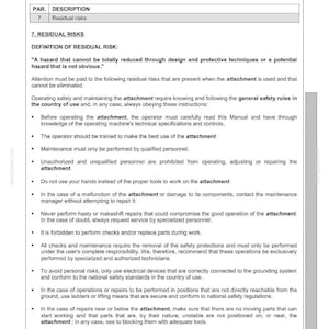May include: A page from a manual with the title "Safety" and the text "Residual Risks." The manual includes safety instructions for operating and maintaining an attachment, with warnings about potential hazards and required precautions. The page is labeled 18/47.