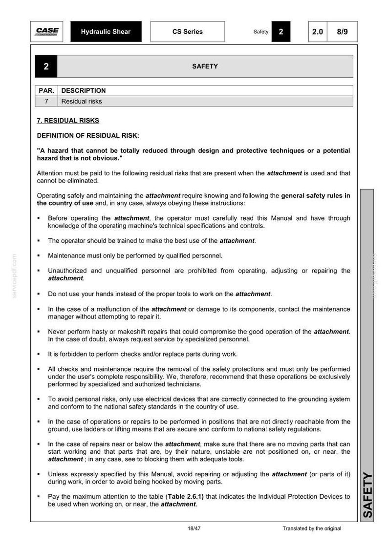 May include: A page from a manual with the title "Safety" and the text "Residual Risks." The manual includes safety instructions for operating and maintaining an attachment, with warnings about potential hazards and required precautions. The page is labeled 18/47.