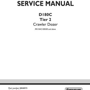 Puede incluir: Una portada de manual de servicio blanca con texto negro. El t&iacute;tulo "SERVICE MANUAL" est&aacute; en la parte superior. Debajo, se lee "D180C Tier 2 Crawler Dozer". El logotipo de New Holland Construction est&aacute; en la esquina inferior derecha.