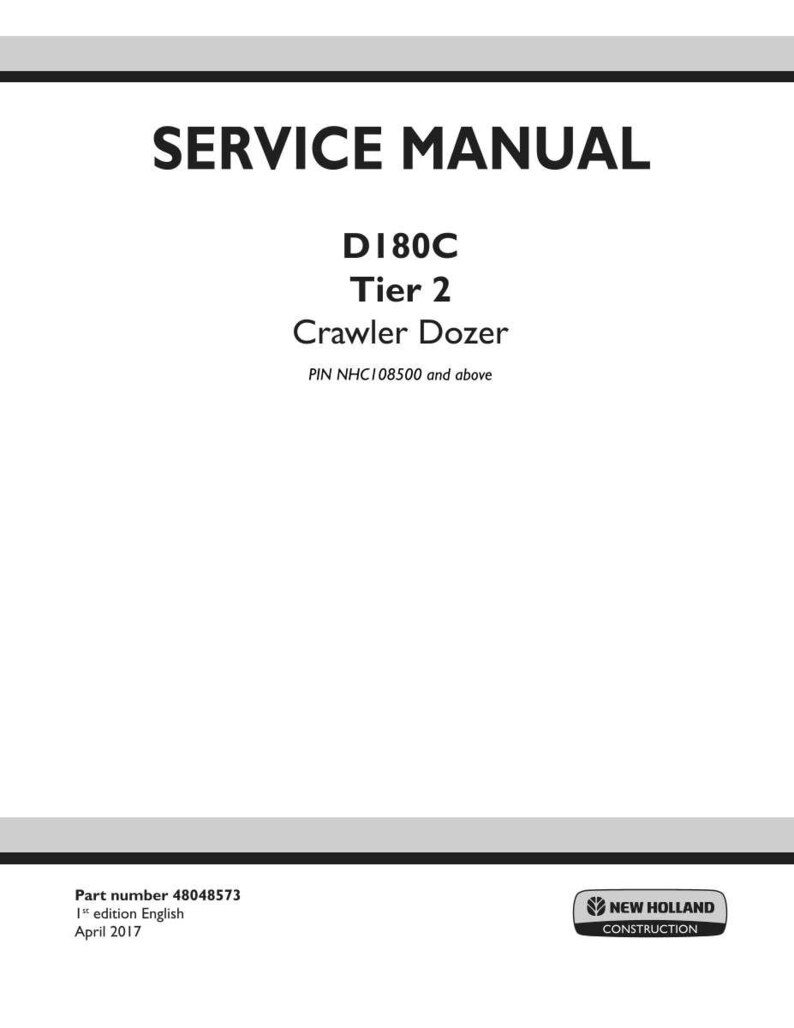 Puede incluir: Una portada de manual de servicio blanca con texto negro. El t&iacute;tulo "SERVICE MANUAL" est&aacute; en la parte superior. Debajo, se lee "D180C Tier 2 Crawler Dozer". El logotipo de New Holland Construction est&aacute; en la esquina inferior derecha.