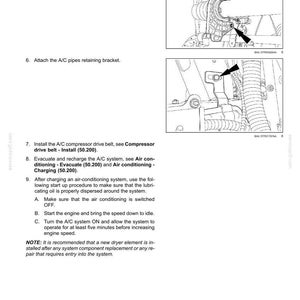 May include: Diagram of an automotive air conditioning system installation. The image shows detailed steps for installing components like the radiator panel and A/C pipes retaining bracket. Instructions include evacuating and recharging the system.