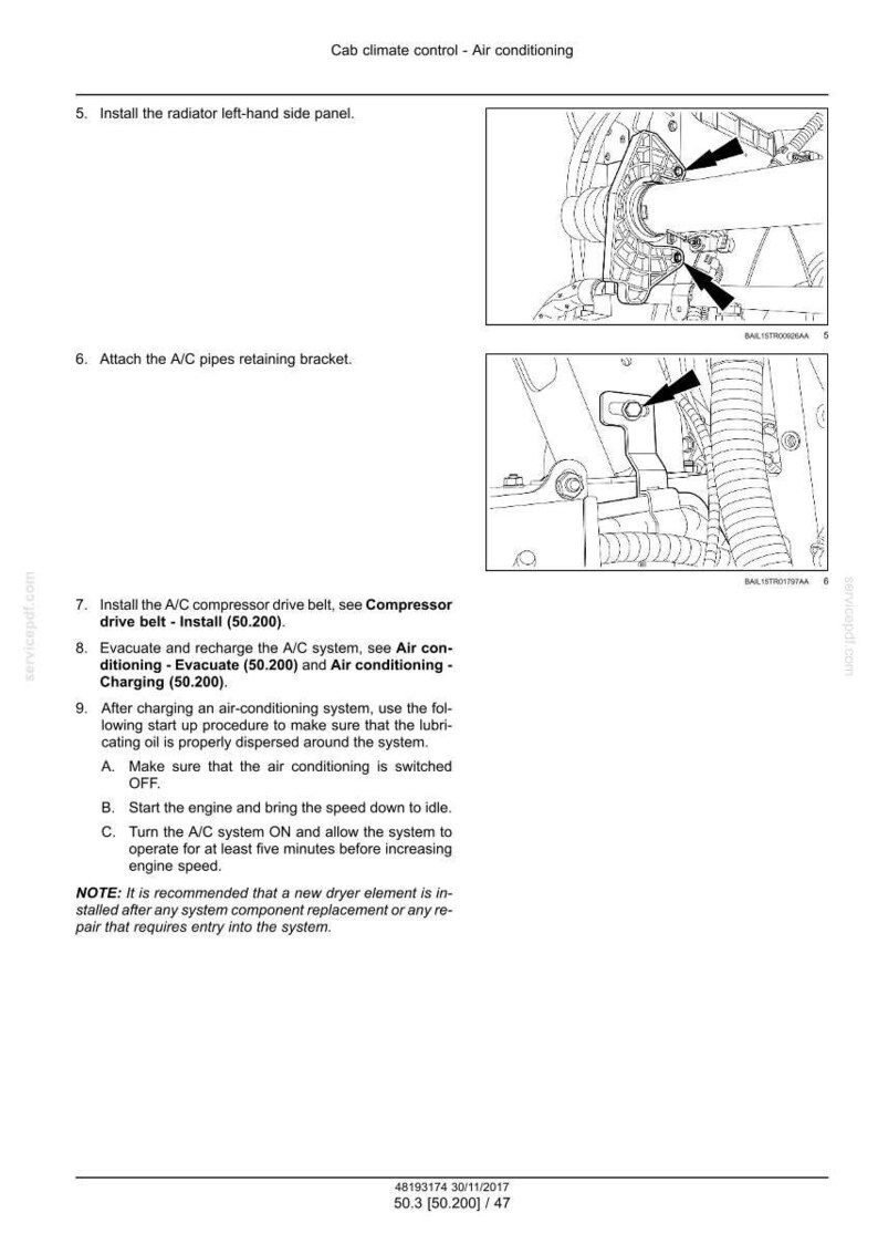 May include: Diagram of an automotive air conditioning system installation. The image shows detailed steps for installing components like the radiator panel and A/C pipes retaining bracket. Instructions include evacuating and recharging the system.