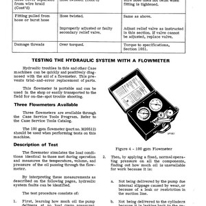 May include: A page from a manual with troubleshooting information for a hydraulic system. The page includes a table of symptoms, possible causes, and remedies. A diagram of a flowmeter is also shown.