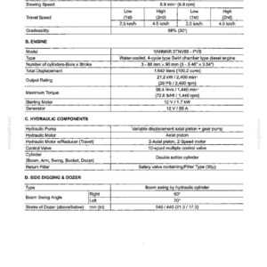May include: A technical specification document for a Yanmar 3TNV88-PYB diesel engine, detailing speed, gradeability, engine model, hydraulic components, and side digging and dozer specifications in a structured table format with imperial and metric units.