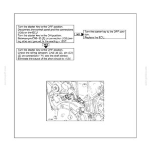 May include: A technical manual page titled Section 35 Hydraulic Systems Chapter 4, detailing Fault Code 44 regarding draft sensor power supply voltage exceeding +8V. It includes a troubleshooting flowchart and a black and white line drawing of engine components with a numbered indicator.