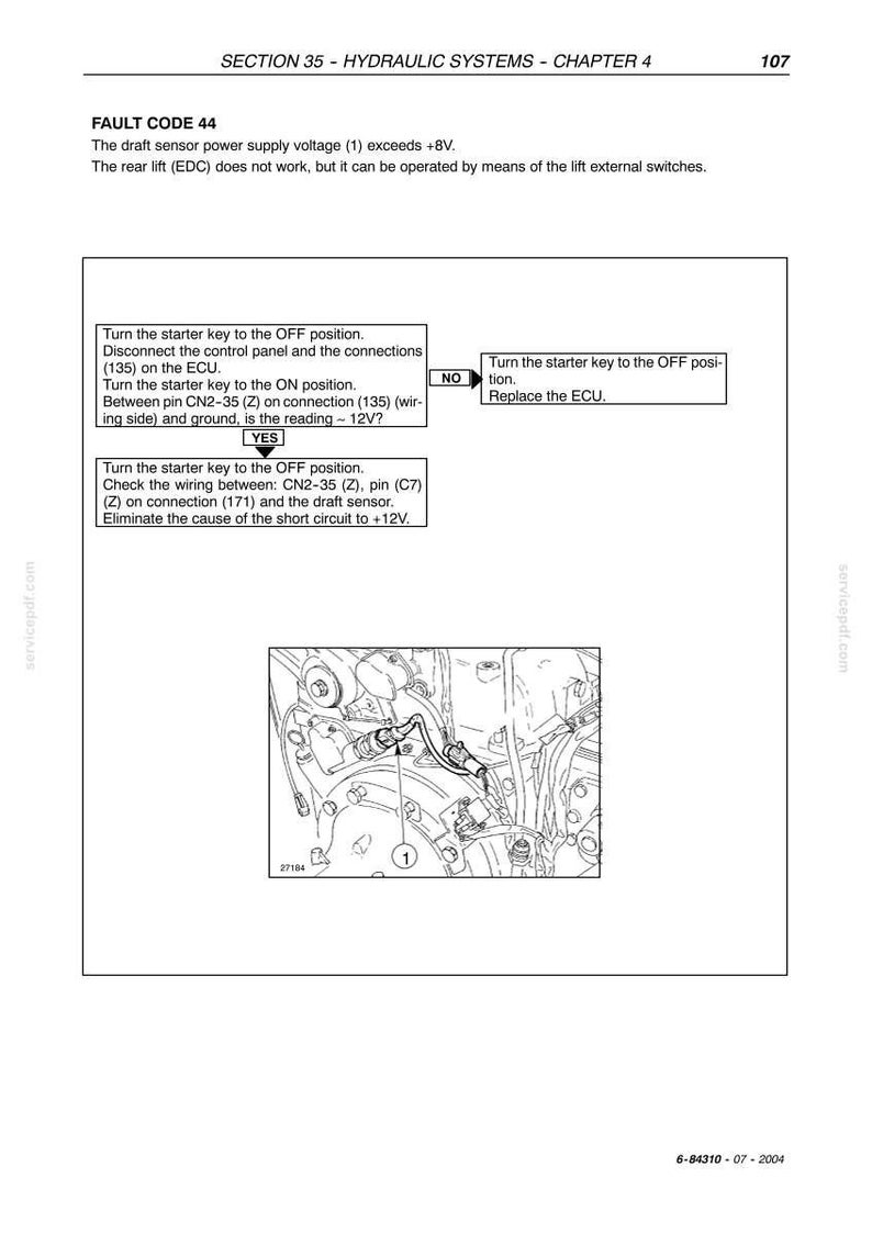 May include: A technical manual page titled Section 35 Hydraulic Systems Chapter 4, detailing Fault Code 44 regarding draft sensor power supply voltage exceeding +8V. It includes a troubleshooting flowchart and a black and white line drawing of engine components with a numbered indicator.