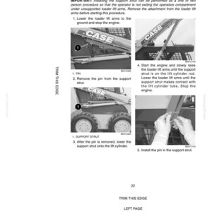 May include: A page from a manual titled "Installing the Support Strut." The manual includes diagrams and instructions for a two-person procedure. The diagrams show a CASE loader and the steps for installing the support strut.