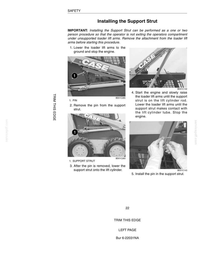 May include: A page from a manual titled "Installing the Support Strut." The manual includes diagrams and instructions for a two-person procedure. The diagrams show a CASE loader and the steps for installing the support strut.