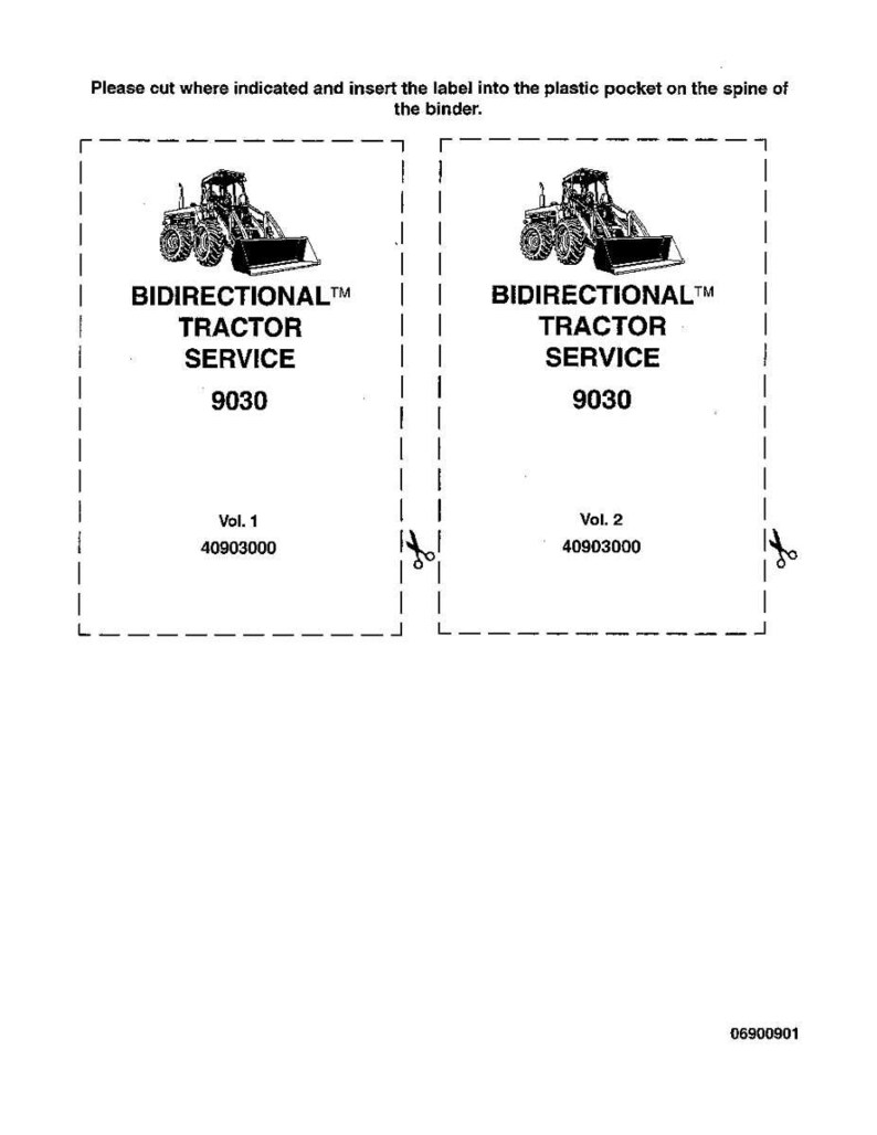 K&ouml;nnte beinhalten: Zwei Etiketten f&uuml;r ein Traktorservice-Handbuch, jeweils mit einer Traktorillustration. Die Etiketten lauten "BIDIRECTIONAL TRACTOR SERVICE 9030" und enthalten Band- und Teilenummern. Anweisungen oben.