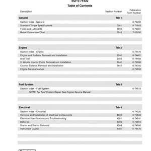 May include: A service manual for the M Series 2 Loader/Backhoe, featuring a table of contents with sections on General, Engine, Fuel System, and Electrical components. The manual includes specifications and troubleshooting information.