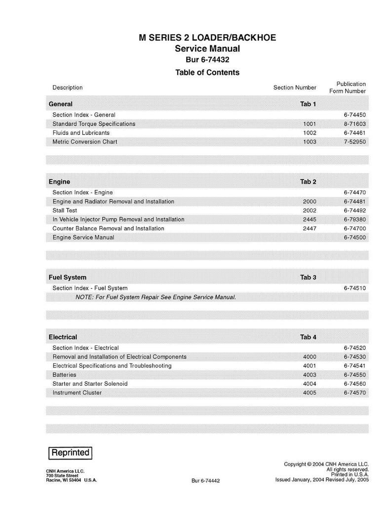 May include: A service manual for the M Series 2 Loader/Backhoe, featuring a table of contents with sections on General, Engine, Fuel System, and Electrical components. The manual includes specifications and troubleshooting information.