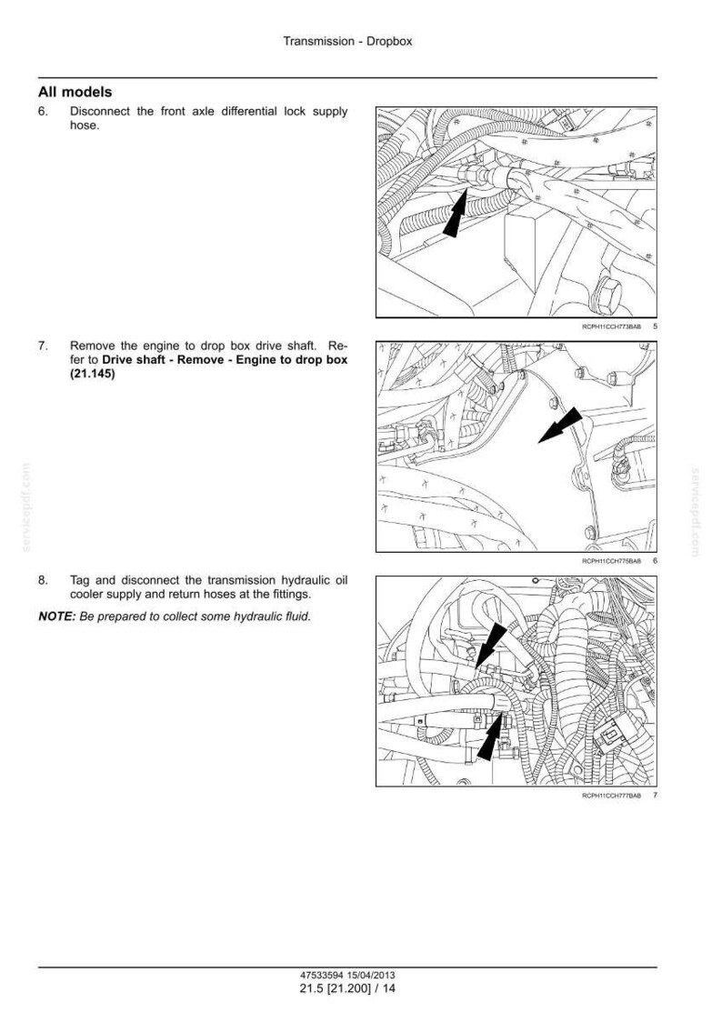 May include: Diagram from a manual showing automotive engine components. The image includes text instructions and arrows pointing to various parts, including hoses and fittings. The text includes the phrase "Disconnect the front axle differential lock supply hose."