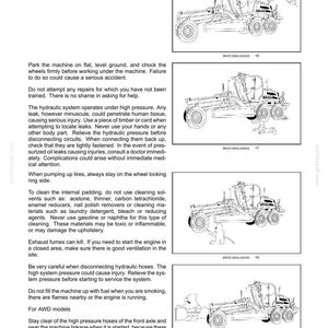 May include: A page from a manual with safety information and illustrations of a heavy machine. The text warns about high pressure, potential injuries, and proper maintenance procedures. The illustrations show the machine from different angles.
