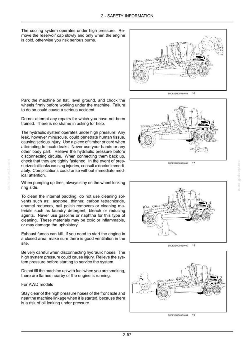 May include: A page from a manual with safety information and illustrations of a heavy machine. The text warns about high pressure, potential injuries, and proper maintenance procedures. The illustrations show the machine from different angles.