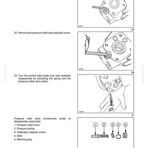 May include: A technical manual page titled SECTION 41 - STEERING - CHAPTER 1, featuring black and white line drawings of mechanical disassembly steps. It includes instructions for using a 6 mm Allen wrench on a pressure relief valve and a numbered list of components: pressure relief valve, pressure spring, calibration adjuster screw, seal, and blanking plug.