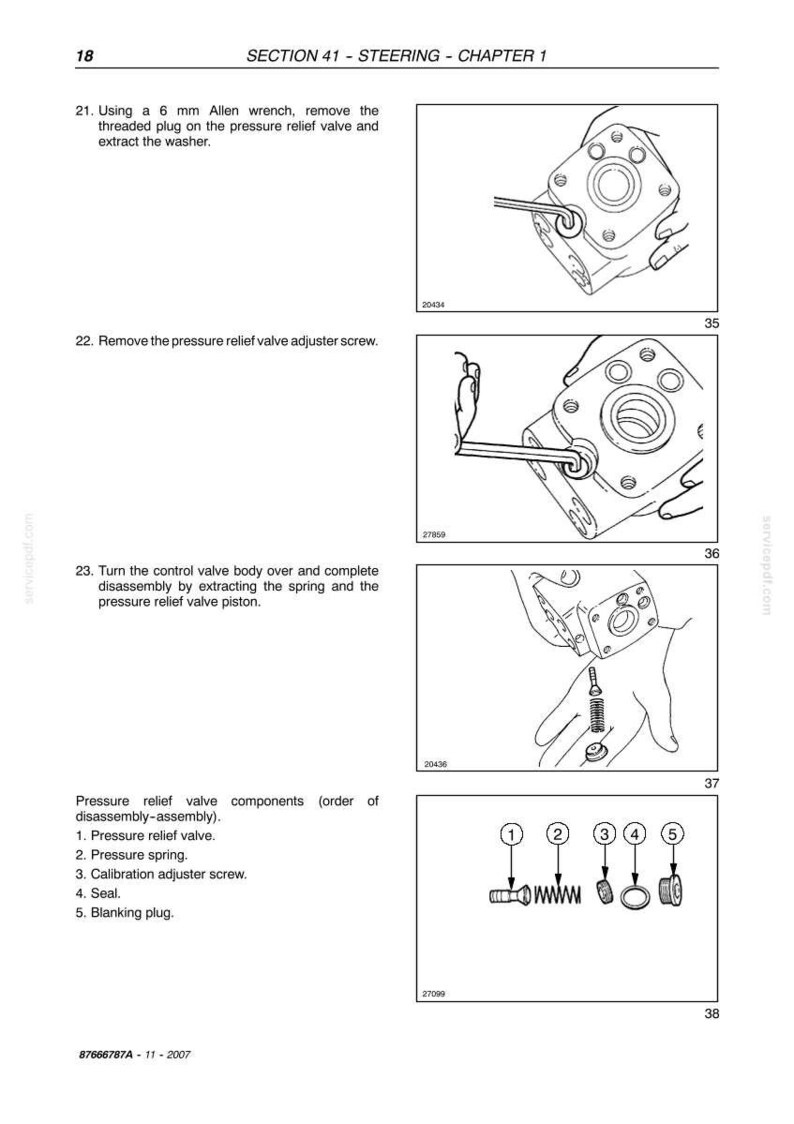 May include: A technical manual page titled SECTION 41 - STEERING - CHAPTER 1, featuring black and white line drawings of mechanical disassembly steps. It includes instructions for using a 6 mm Allen wrench on a pressure relief valve and a numbered list of components: pressure relief valve, pressure spring, calibration adjuster screw, seal, and blanking plug.