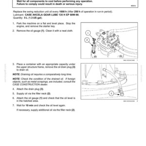 May include: Diagram of a swing reduction unit oil maintenance procedure. The image includes a warning about hot surfaces and instructions for replacing the oil, including removing the oil gauge, draining the oil, and checking the oil level.