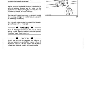 May include: Diagram from a manual showing hydraulic hoses and tubing with a wrench being used. Text includes warnings about checking for leaks and damage, and cautions about hydraulic connections.