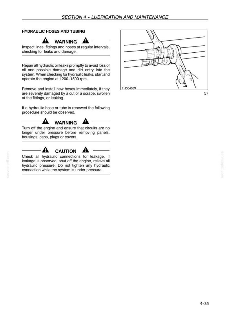May include: Diagram from a manual showing hydraulic hoses and tubing with a wrench being used. Text includes warnings about checking for leaks and damage, and cautions about hydraulic connections.