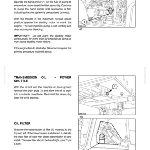 May include: A technical manual page titled SECTION 4 - LUBRICATION AND MAINTENANCE. It contains instructions for priming the fuel system, changing transmission oil, and replacing the oil filter, accompanied by three black and white line drawings.