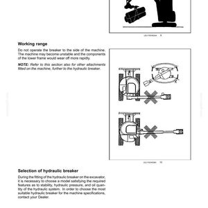 May include: Technical diagrams and instructions for excavator accessories. Includes warnings about lifting objects and operating the breaker. Also includes diagrams of the working range and selection of hydraulic breakers. Text includes "10 - ACCESSORIES".