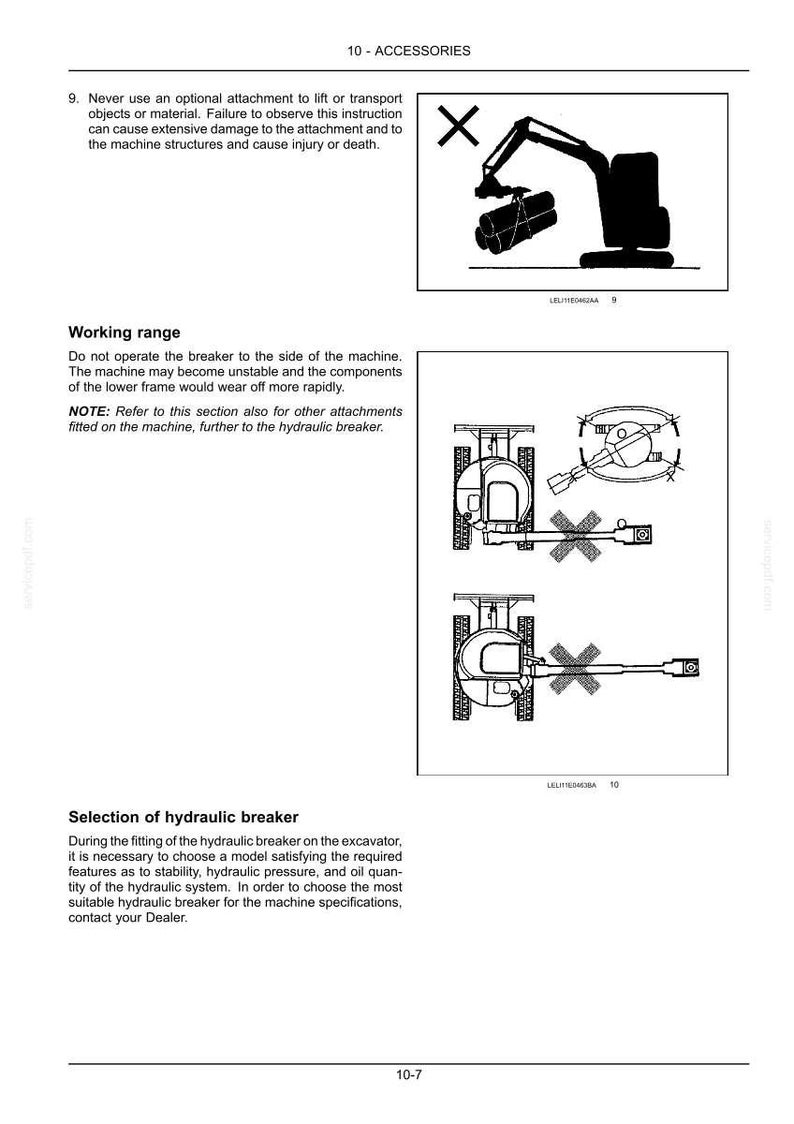 May include: Technical diagrams and instructions for excavator accessories. Includes warnings about lifting objects and operating the breaker. Also includes diagrams of the working range and selection of hydraulic breakers. Text includes "10 - ACCESSORIES".