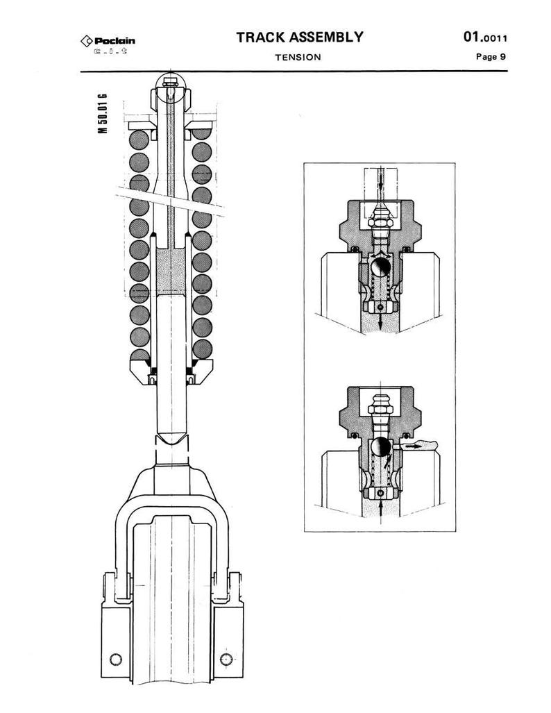 Op de afbeelding: Zwart-wit technische tekening van een rupsband, met het label "Tension". De tekening toont gedetailleerde mechanische componenten. Tekst omvat "TRACK ASSEMBLY", "01.0011" en "Page 9".