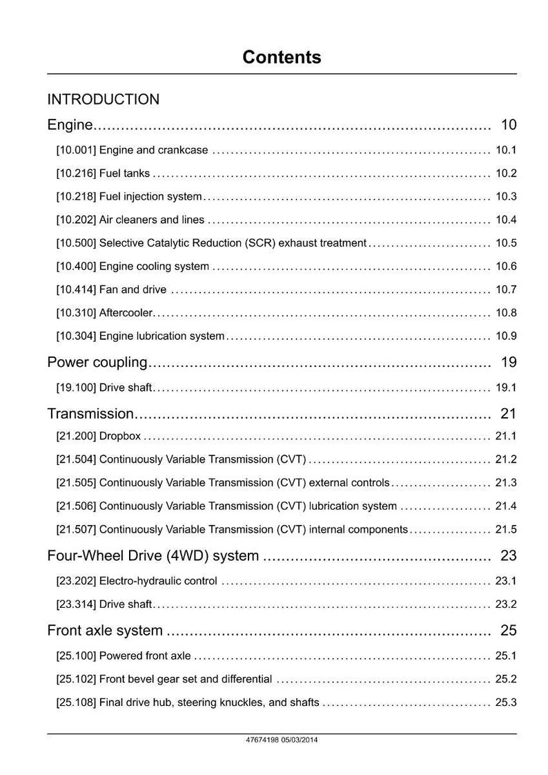 K&ouml;nnte beinhalten: Inhaltsverzeichnis einer Bedienungsanleitung mit Abschnitten zu Motor und Getriebe. Dazu geh&ouml;ren Kraftstofftanks, Luftfilter und Antriebswellen. Die Seitenzahl ist 10. Ma&szlig;e in cm.