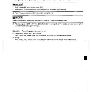 May include: A technical document page titled 33. UPPER STRUCTURE, detailing assembly instructions for a P1 unload spool. The text includes numbered steps 33.2.2.4.17 and 33.2.2.4.18, caution warnings regarding Loctite #262, and component part numbers.