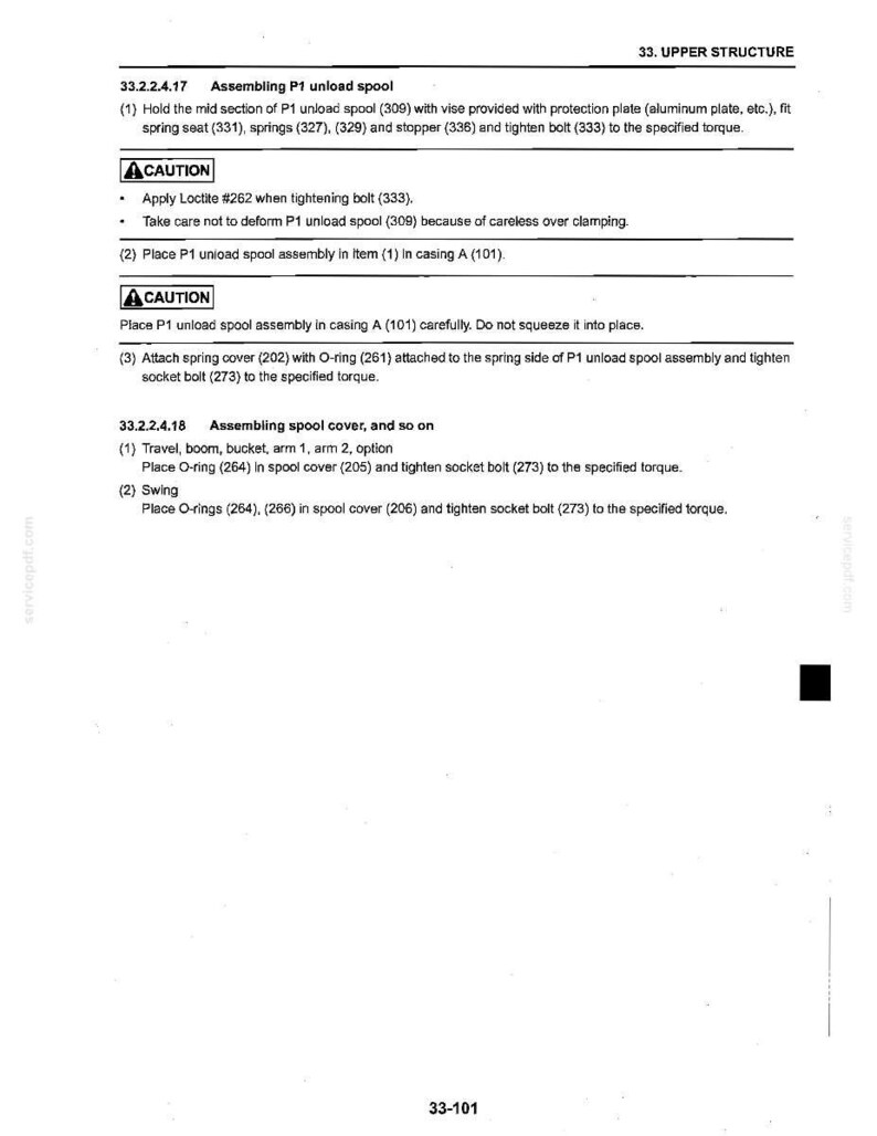 May include: A technical document page titled 33. UPPER STRUCTURE, detailing assembly instructions for a P1 unload spool. The text includes numbered steps 33.2.2.4.17 and 33.2.2.4.18, caution warnings regarding Loctite #262, and component part numbers.
