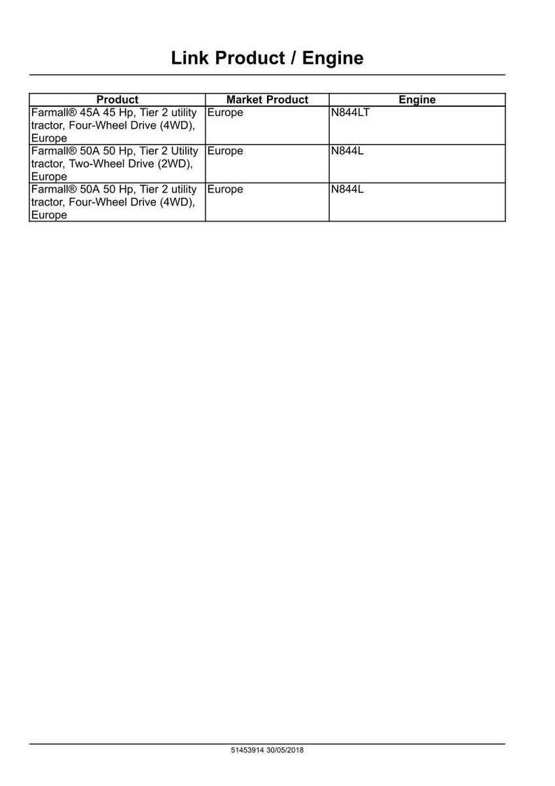 May include: A table with the title "Link Product / Engine" lists product details, including tractor models like Farmall 45A and 50A, their horsepower, and engine types such as N844LT and N844L. The market product is Europe.