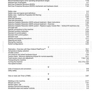 K&ouml;nnte beinhalten: Eine schwarz-wei&szlig;e Indexseite aus einem technischen Handbuch, die Themen von R bis W auflistet, darunter Radio, Safety rules, Selective Catalytic Reduction, Telematics, Torque charts, Units of measure, View or reset Job Timer und Welding.
